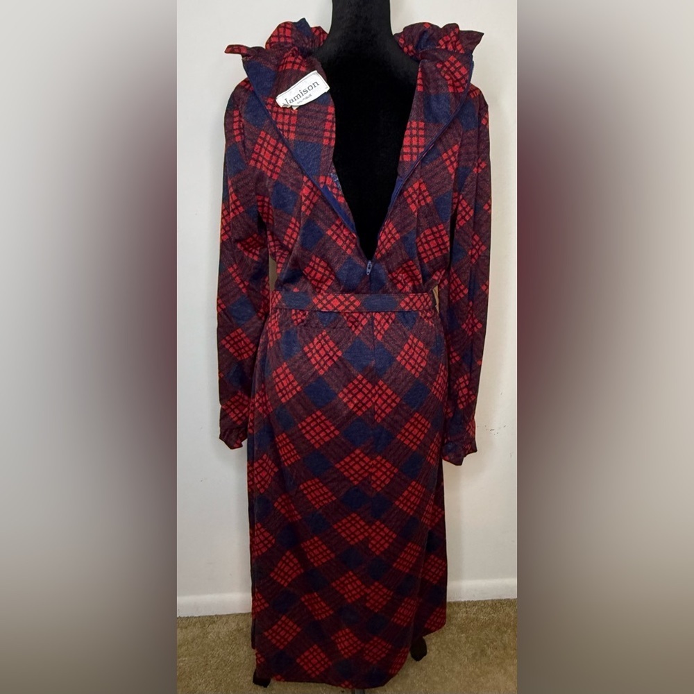 Vintage 70’s Red & Blue tartan plaid long sleeve midi dress belt, pockets 14 - Picture 9 of 9